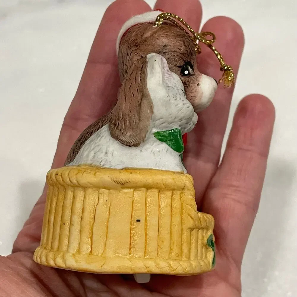 Vintage Porcelain Christmas Puppy Kitten Bell Ornament JSNY Santa Hat Dog Cat
